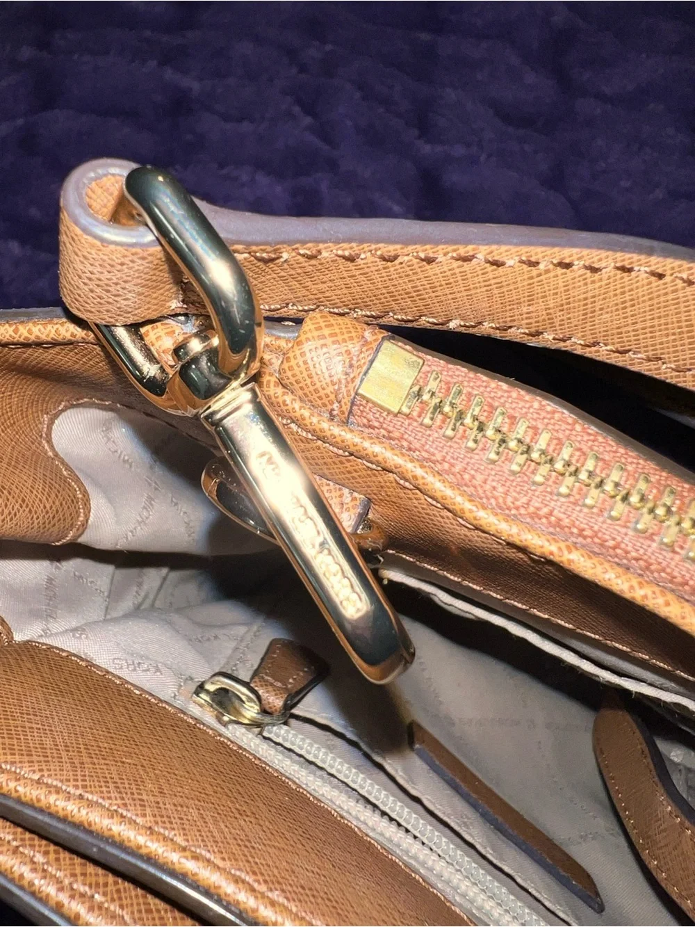 Michael Kors Saffiano Zip Pouch in Tan Brown with Gold Logo
